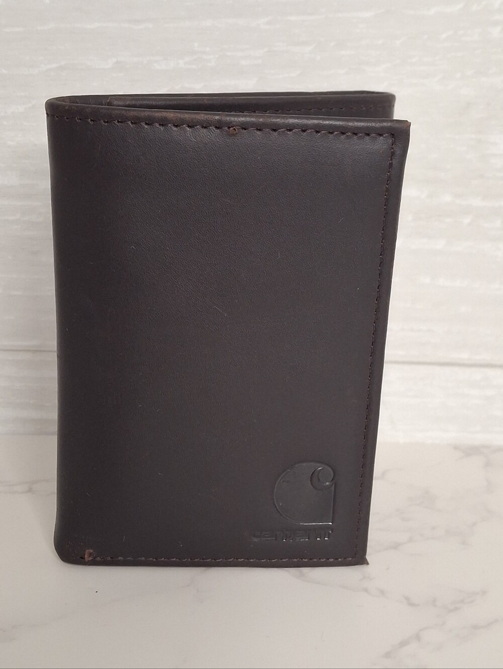 Carhartt Dark Brown Leather Trifold Wallet ID Window Logo NWOT